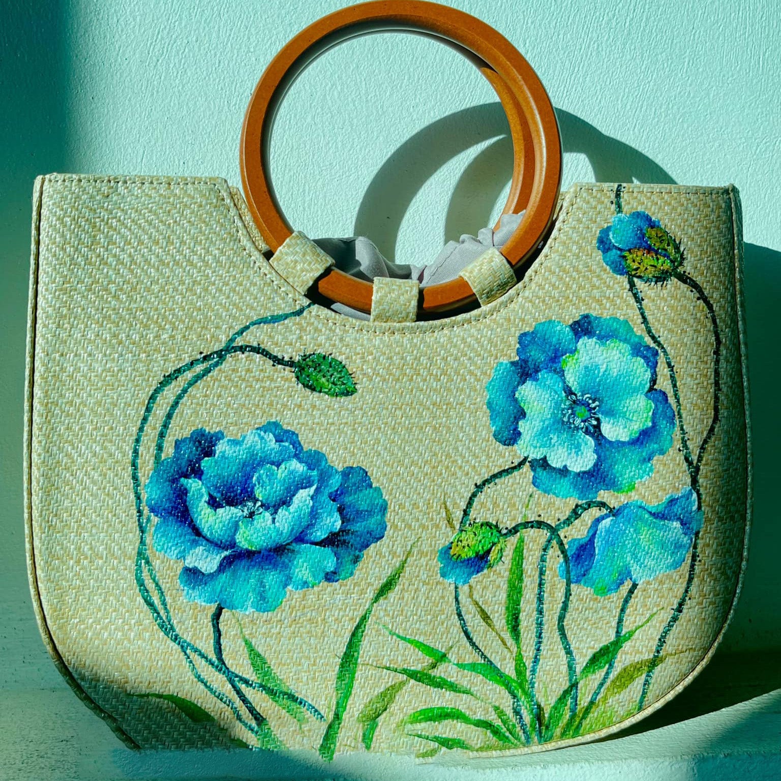 Hand-Painted Woven Straw Tote Bag