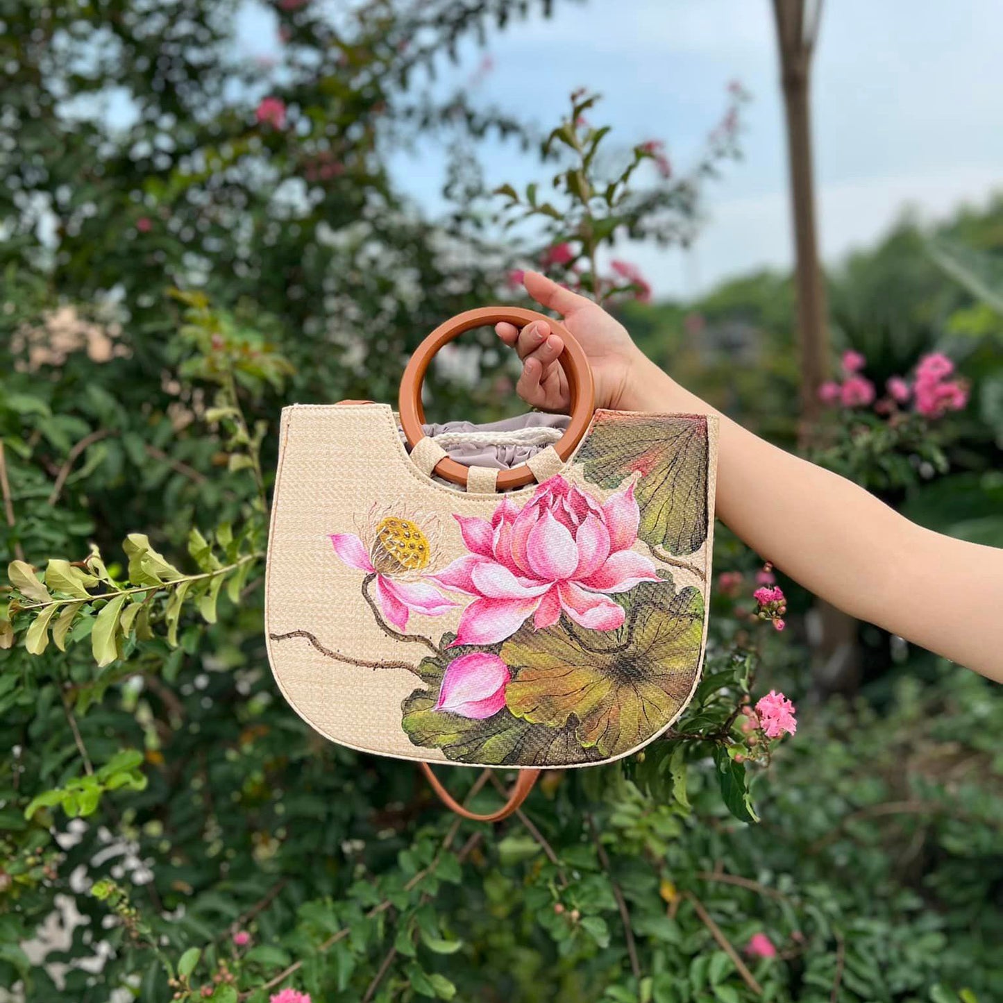 Hand-Painted Woven Straw Tote Bag
