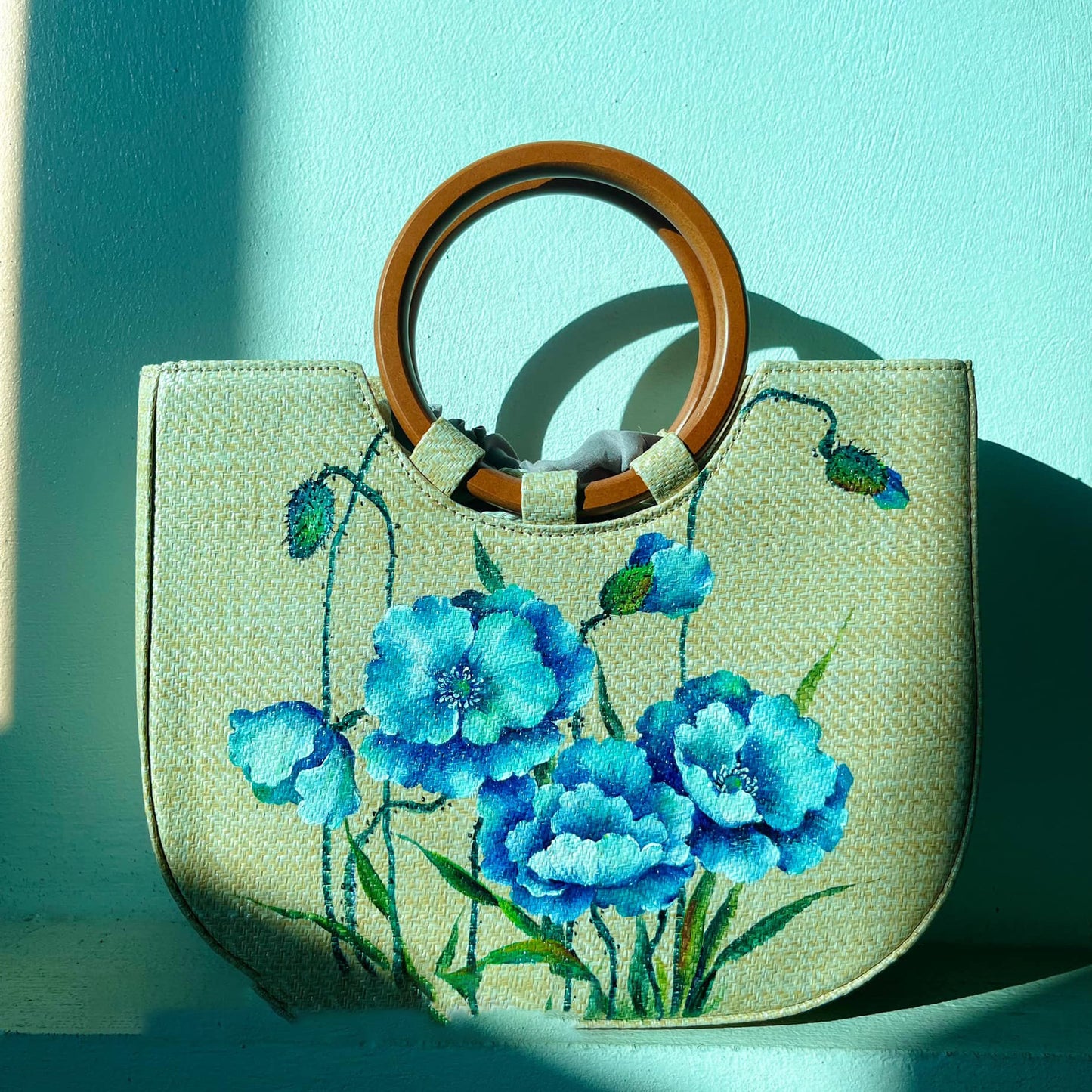 Hand-Painted Woven Straw Tote Bag