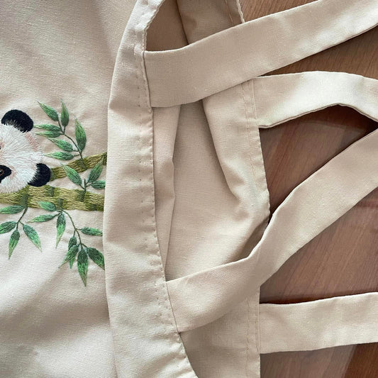 Canvas Bag Embroidered With Panda Pattern