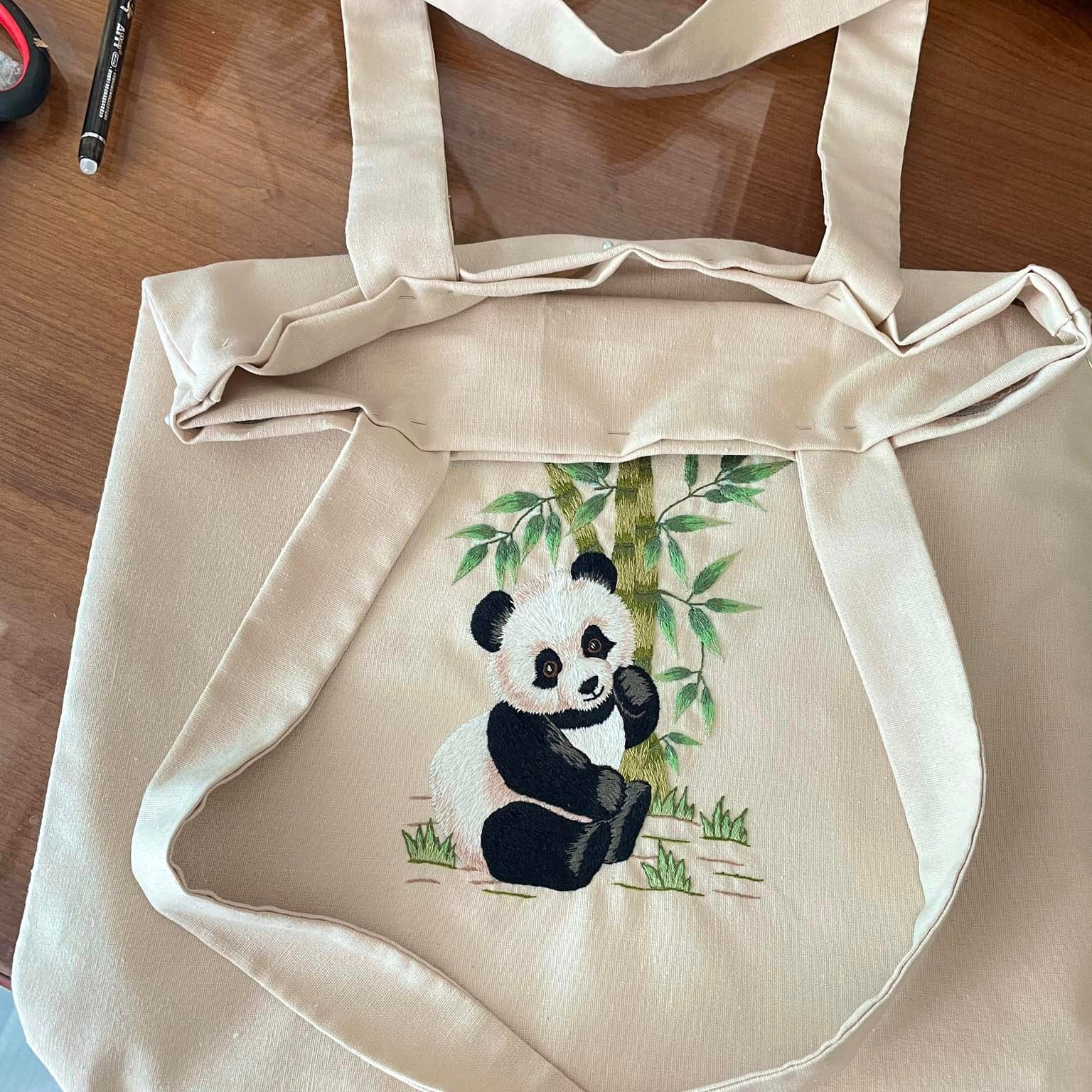 Canvas Bag Embroidered With Panda Pattern