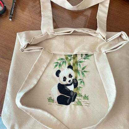 Canvas Bag Embroidered With Panda Pattern