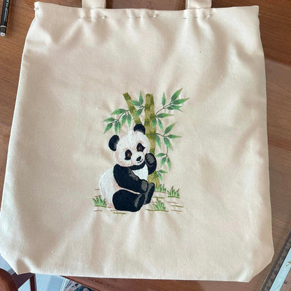 Canvas Bag Embroidered With Panda Pattern