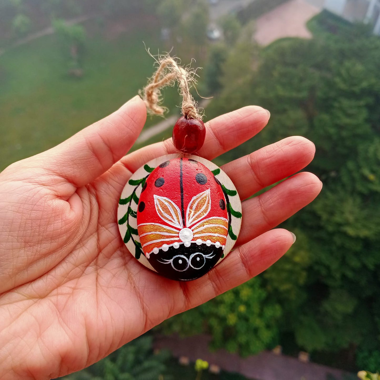 Insect-Painted Pebble Keychain