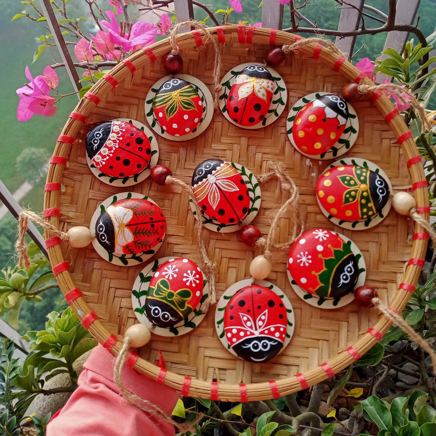 Insect-Painted Pebble Keychain
