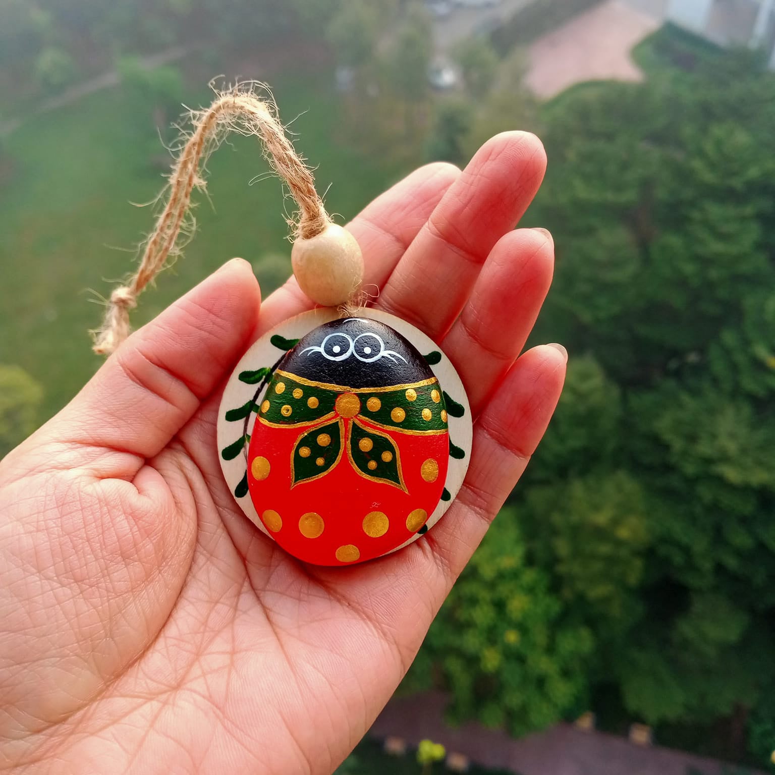 Insect-Painted Pebble Keychain