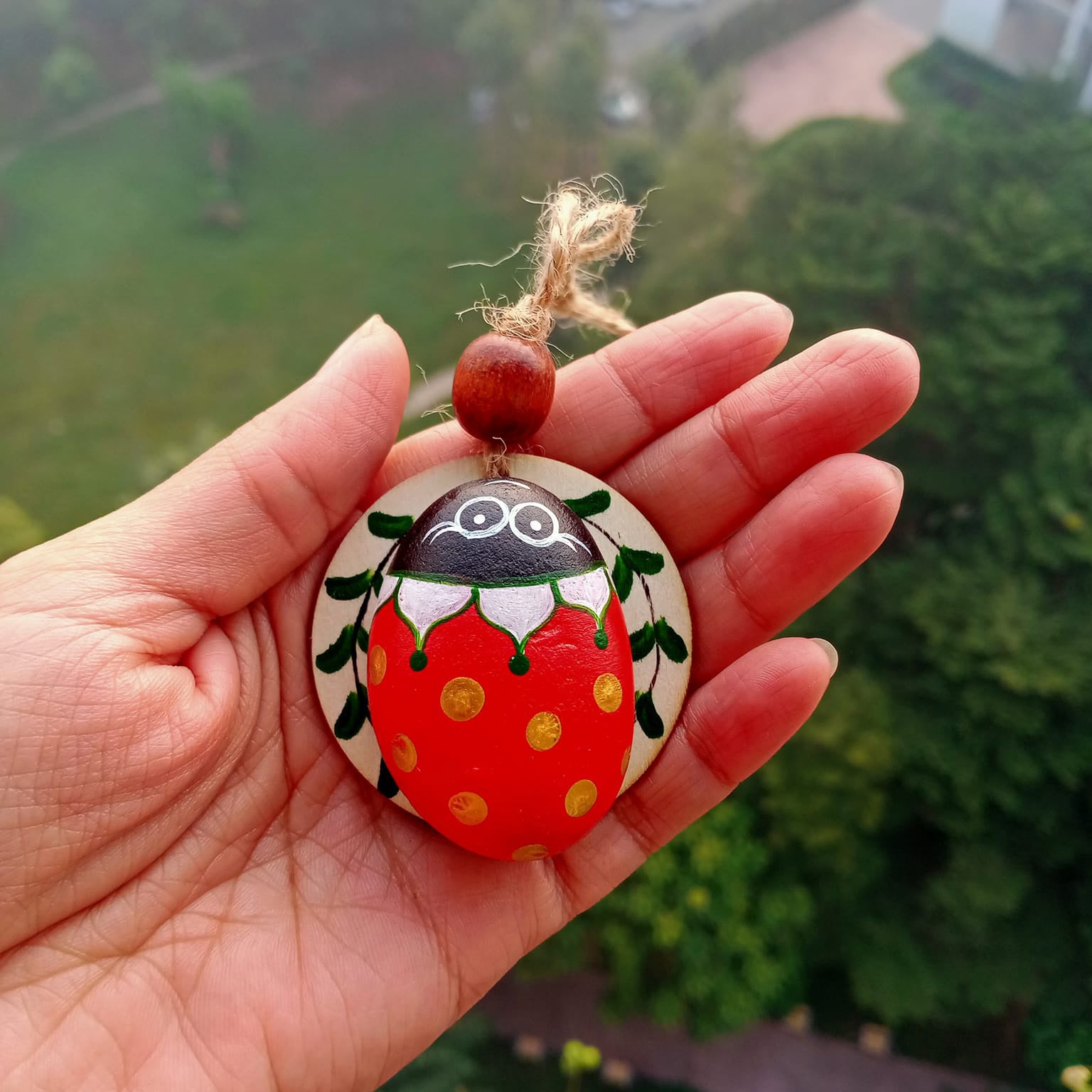 Insect-Painted Pebble Keychain
