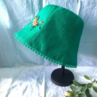 Linen Hat Embroidered With 3D Embossed Flowers