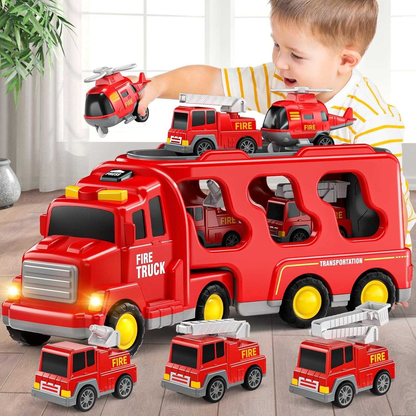5-in-1 Rescue Vehicle Fire Truck with Inertial Friction Power, Rotatable Front Cab, Lights & Sound Effects, Safe for Ages 3+