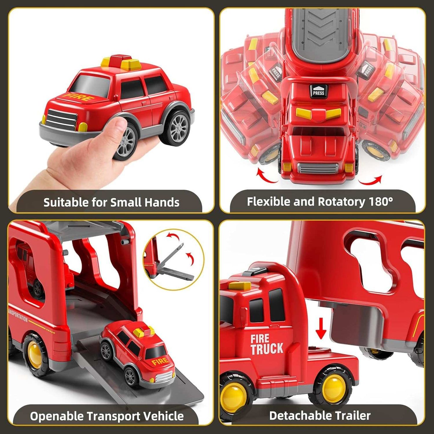 5-in-1 Rescue Vehicle Fire Truck with Inertial Friction Power, Rotatable Front Cab, Lights & Sound Effects, Safe for Ages 3+