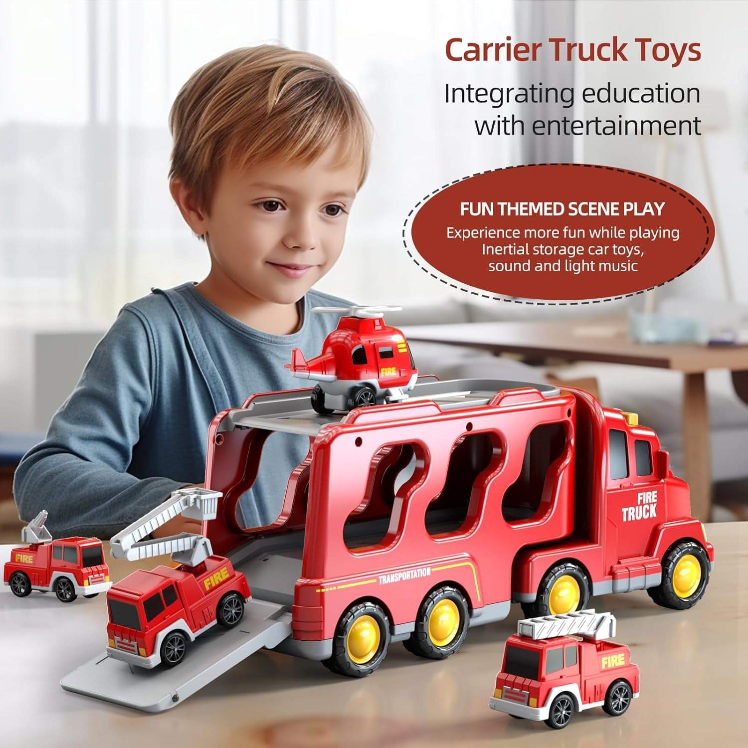 5-in-1 Rescue Vehicle Fire Truck with Inertial Friction Power, Rotatable Front Cab, Lights & Sound Effects, Safe for Ages 3+