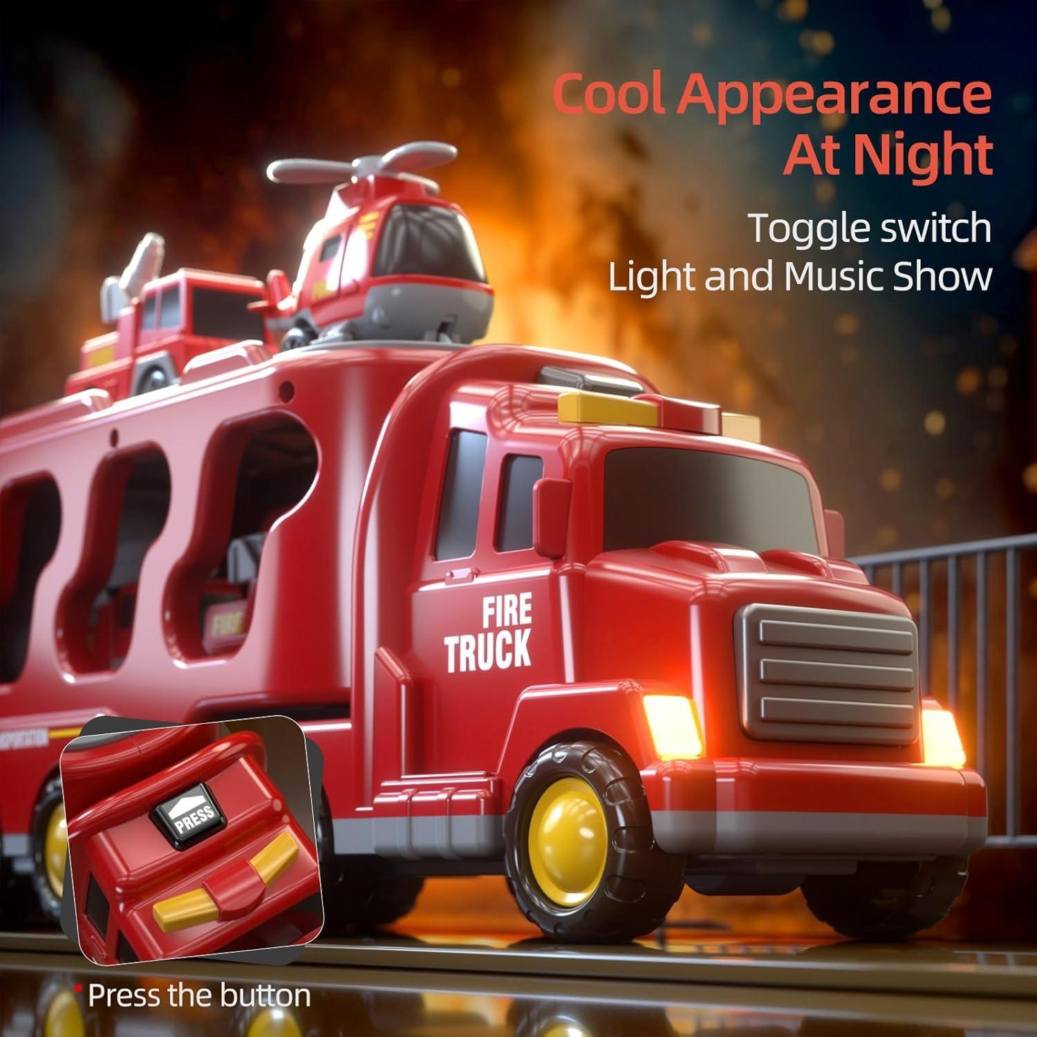 5-in-1 Rescue Vehicle Fire Truck with Inertial Friction Power, Rotatable Front Cab, Lights & Sound Effects, Safe for Ages 3+