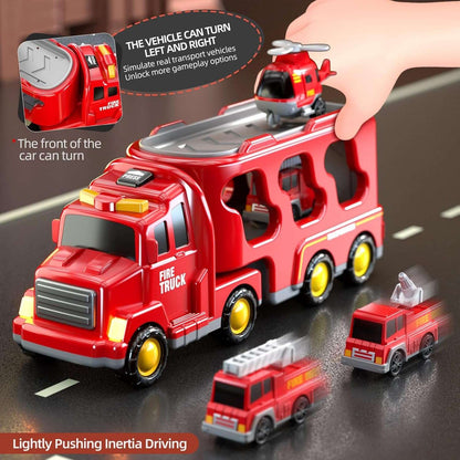 5-in-1 Rescue Vehicle Fire Truck with Inertial Friction Power, Rotatable Front Cab, Lights & Sound Effects, Safe for Ages 3+