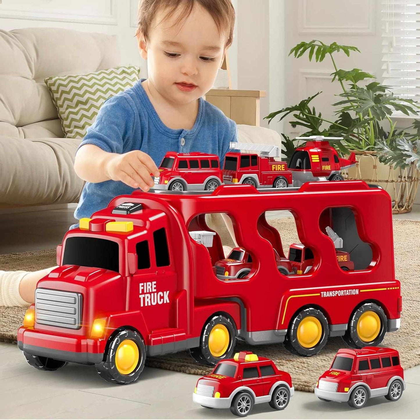 5-in-1 Rescue Vehicle Fire Truck with Inertial Friction Power, Rotatable Front Cab, Lights & Sound Effects, Safe for Ages 3+