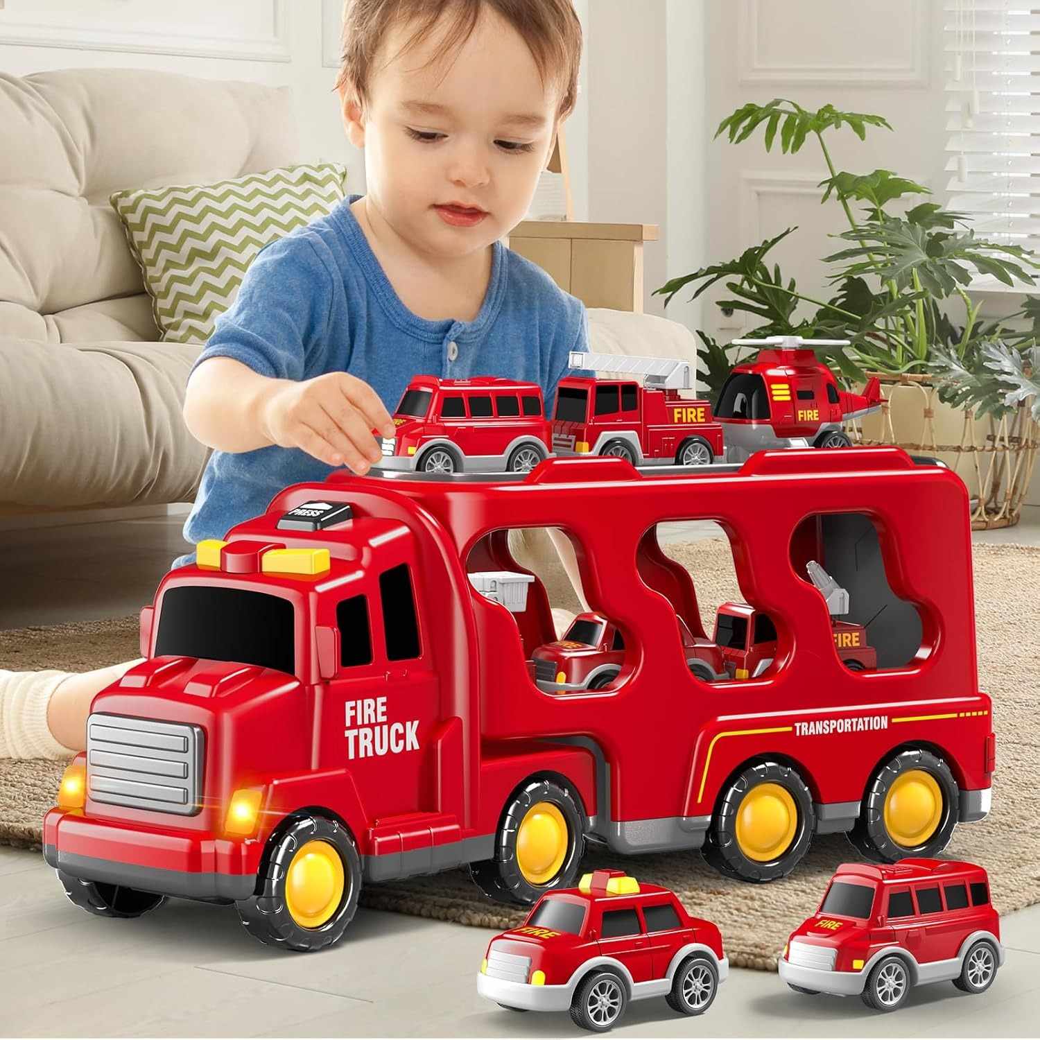 5-in-1 Rescue Vehicle Fire Truck with Inertial Friction Power, Rotatable Front Cab, Lights & Sound Effects, Safe for Ages 3+
