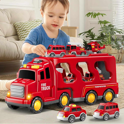 5-in-1 Rescue Vehicle Fire Truck with Inertial Friction Power, Rotatable Front Cab, Lights & Sound Effects, Safe for Ages 3+