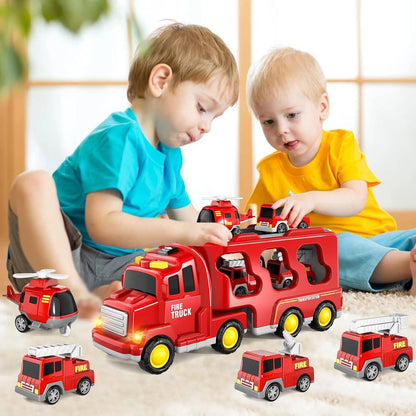 5-in-1 Rescue Vehicle Fire Truck with Inertial Friction Power, Rotatable Front Cab, Lights & Sound Effects, Safe for Ages 3+