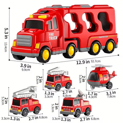 5-in-1 Rescue Vehicle Fire Truck with Inertial Friction Power, Rotatable Front Cab, Lights & Sound Effects, Safe for Ages 3+