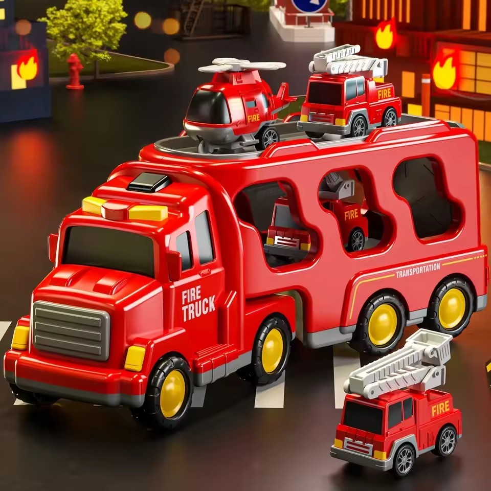 5-in-1 Rescue Vehicle Fire Truck with Inertial Friction Power, Rotatable Front Cab, Lights & Sound Effects, Safe for Ages 3+