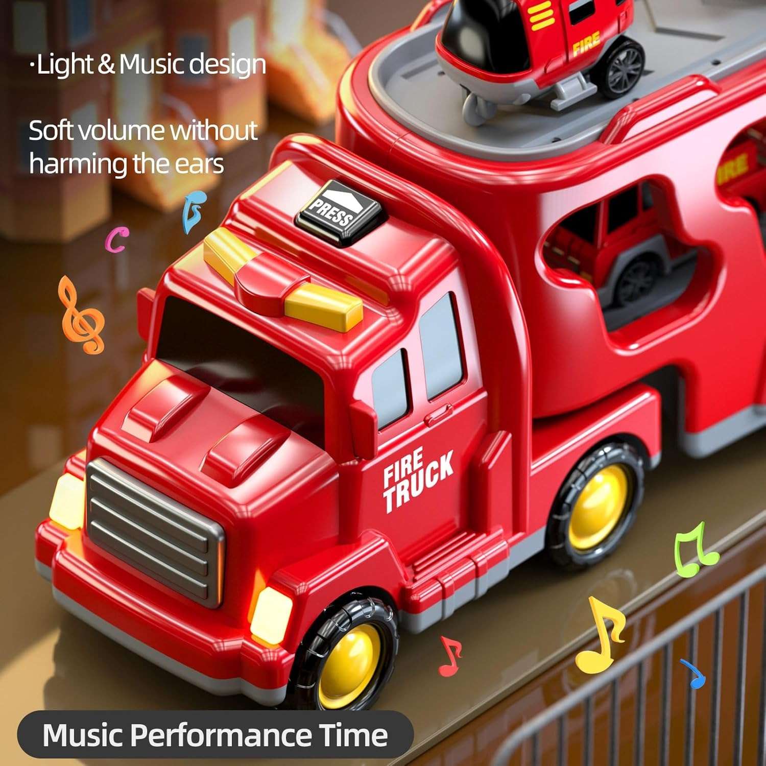 5-in-1 Rescue Vehicle Fire Truck with Inertial Friction Power, Rotatable Front Cab, Lights & Sound Effects, Safe for Ages 3+