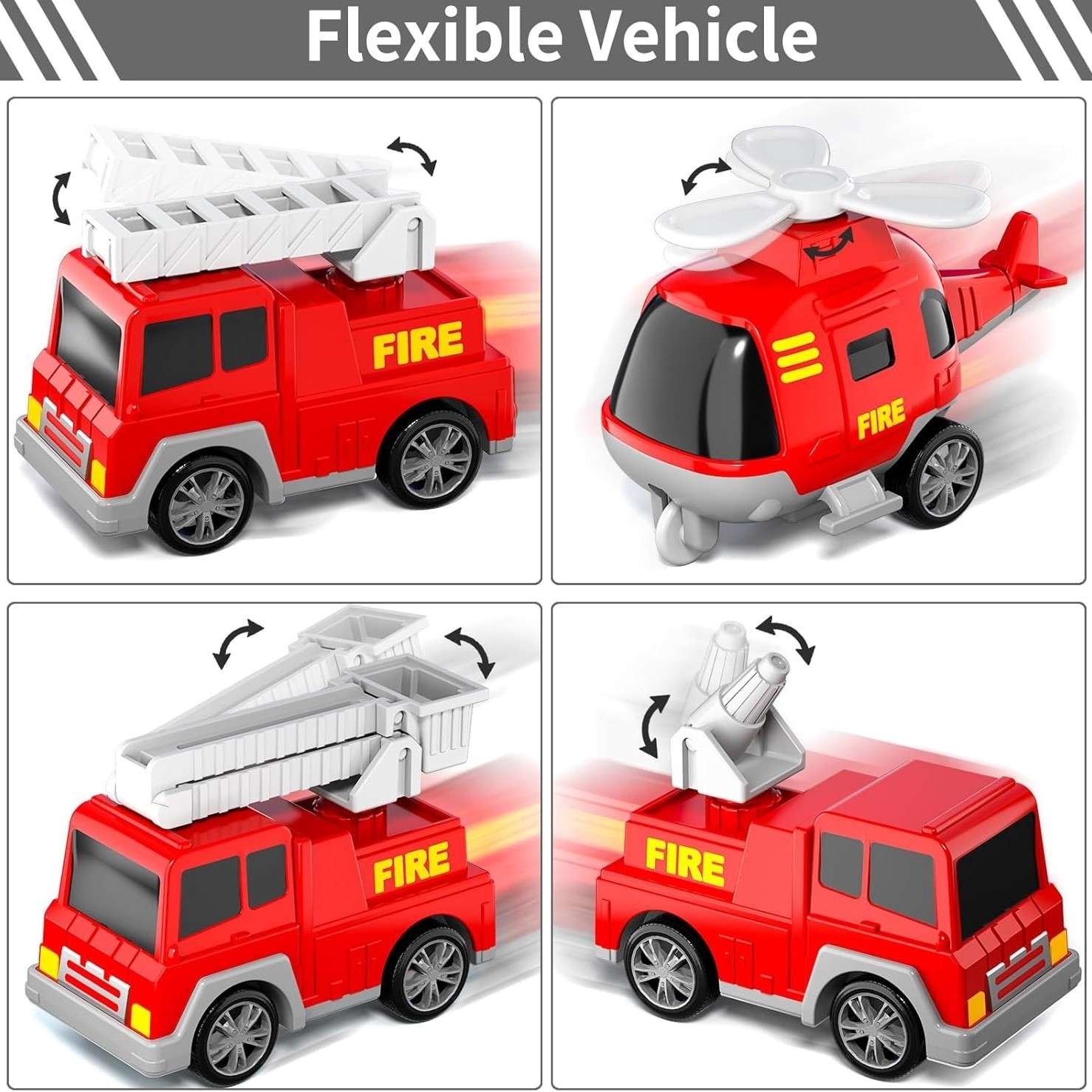 5-in-1 Rescue Vehicle Fire Truck with Inertial Friction Power, Rotatable Front Cab, Lights & Sound Effects, Safe for Ages 3+