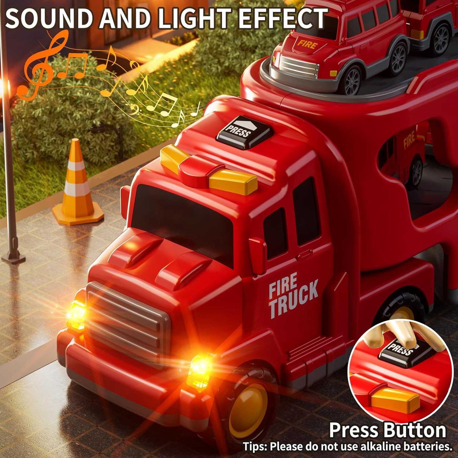 5-in-1 Rescue Vehicle Fire Truck with Inertial Friction Power, Rotatable Front Cab, Lights & Sound Effects, Safe for Ages 3+