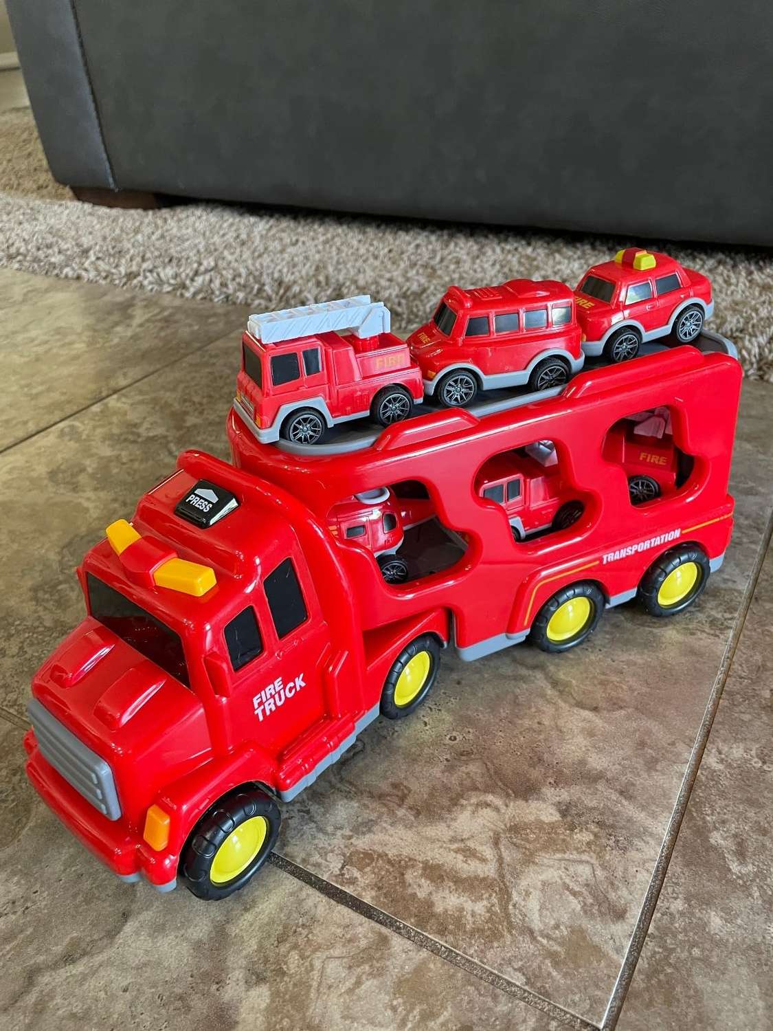 5-in-1 Rescue Vehicle Fire Truck with Inertial Friction Power, Rotatable Front Cab, Lights & Sound Effects, Safe for Ages 3+