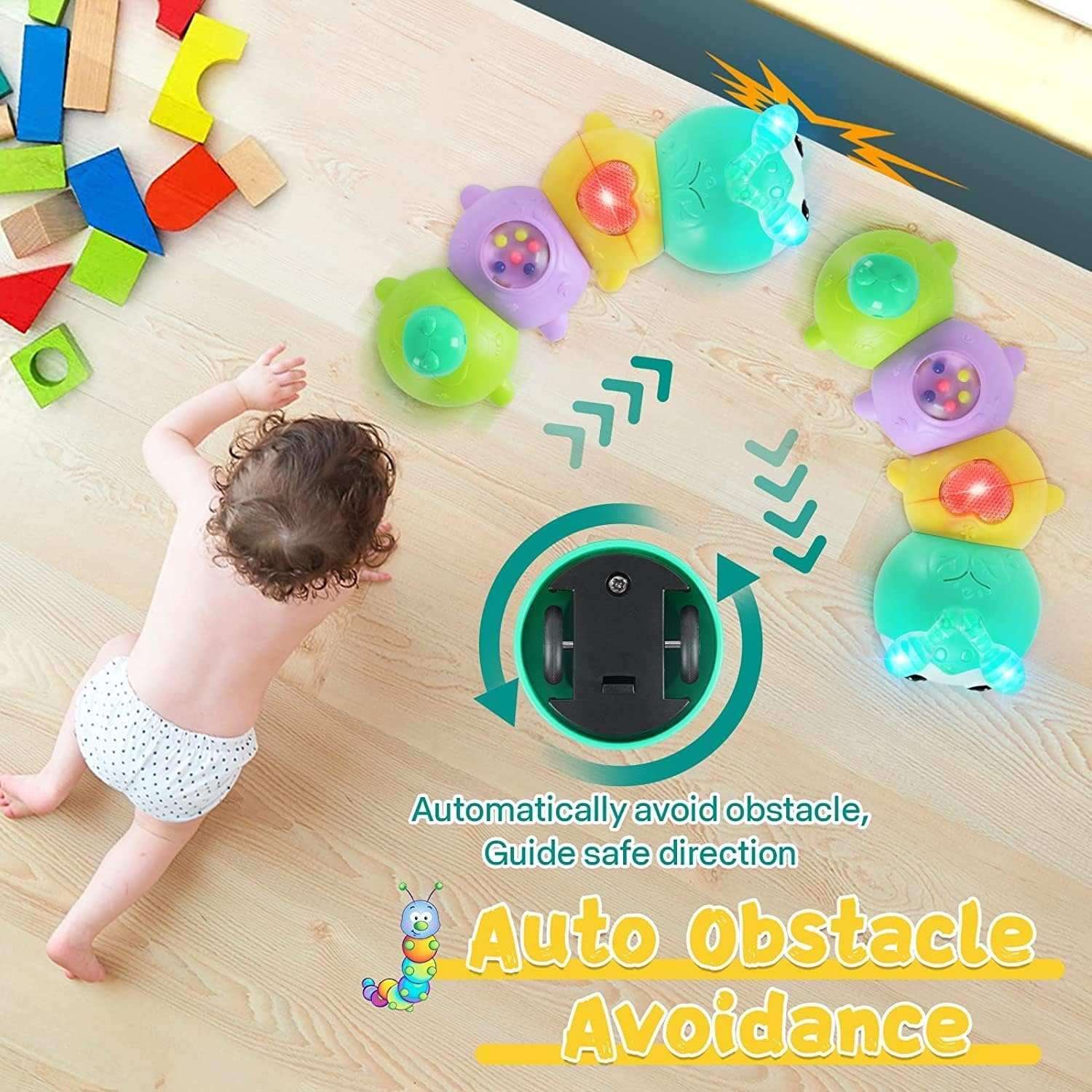 Baby Crawling Caterpillar Toy with Sound, Lights, Obstacle Avoidance, Safe for 6 Months+