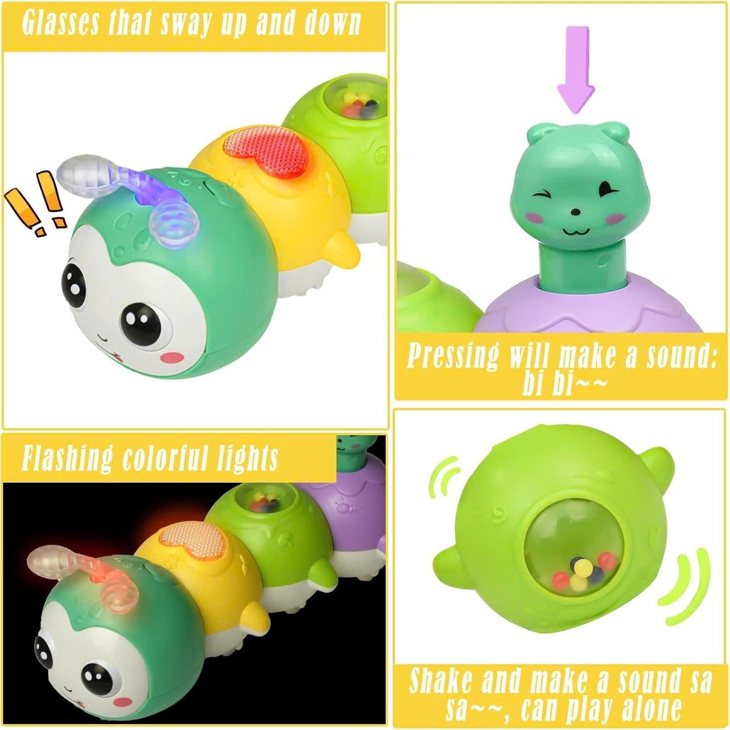 Baby Crawling Caterpillar Toy with Sound, Lights, Obstacle Avoidance, Safe for 6 Months+