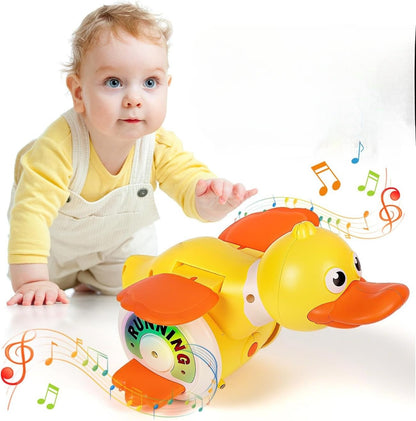 Crawling Baby with Musical Duck, Auto Obstacle Avoidance, RGB Lights, 360° Spinning, Safe for Ages 1+