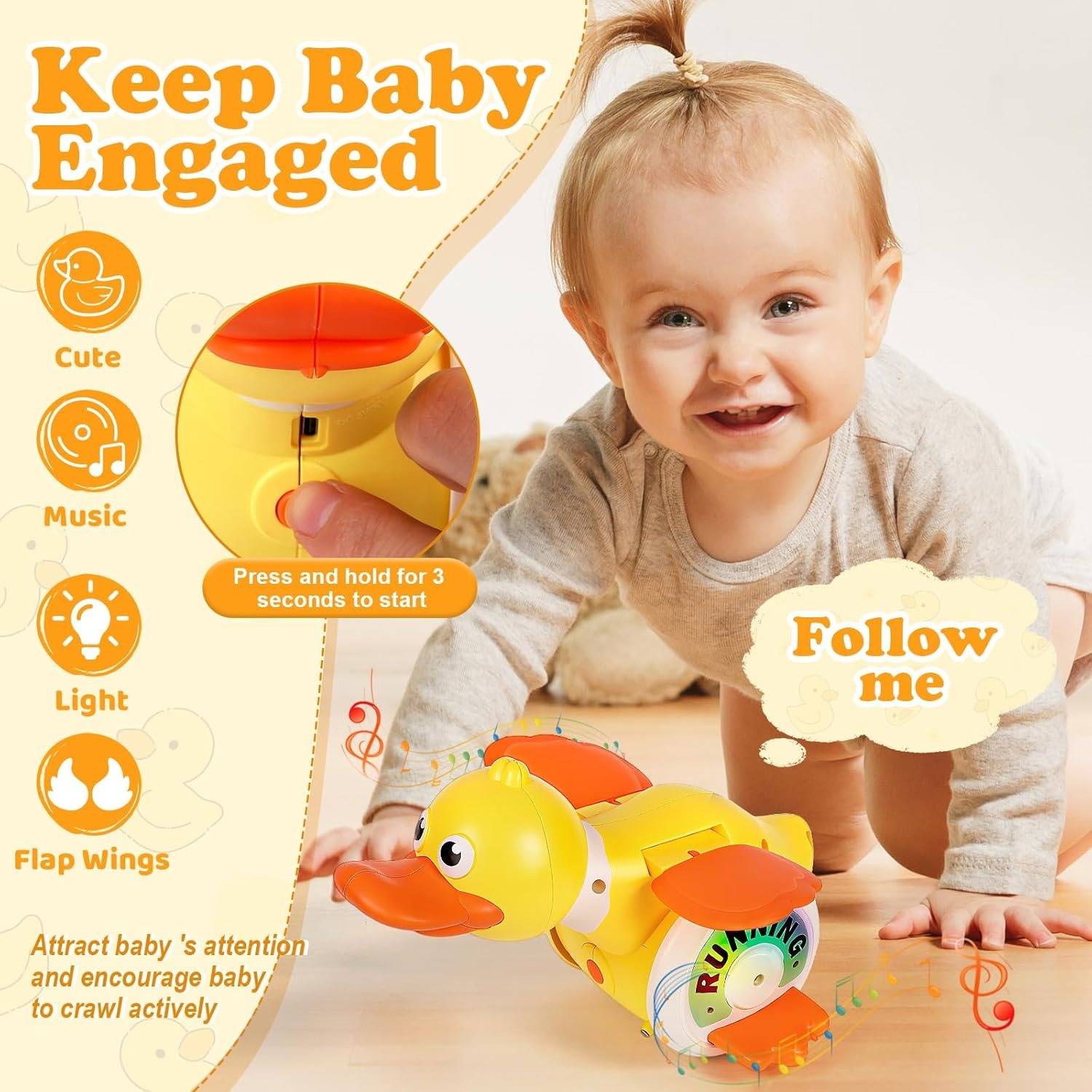 Crawling Baby with Musical Duck, Auto Obstacle Avoidance, RGB Lights, 360° Spinning, Safe for Ages 1+