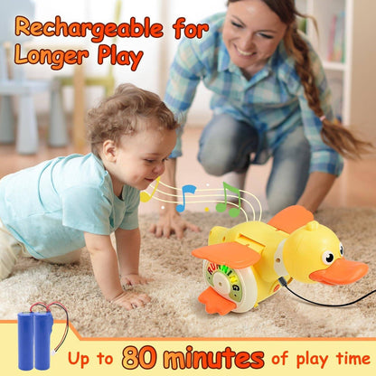 Crawling Baby with Musical Duck, Auto Obstacle Avoidance, RGB Lights, 360° Spinning, Safe for Ages 1+