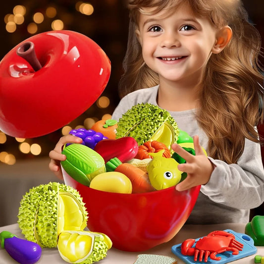 Fruit and Vegetable Cutting Toy Set with Apple-Shaped Storage Box, Easy to Carry, Safe for Ages 3+