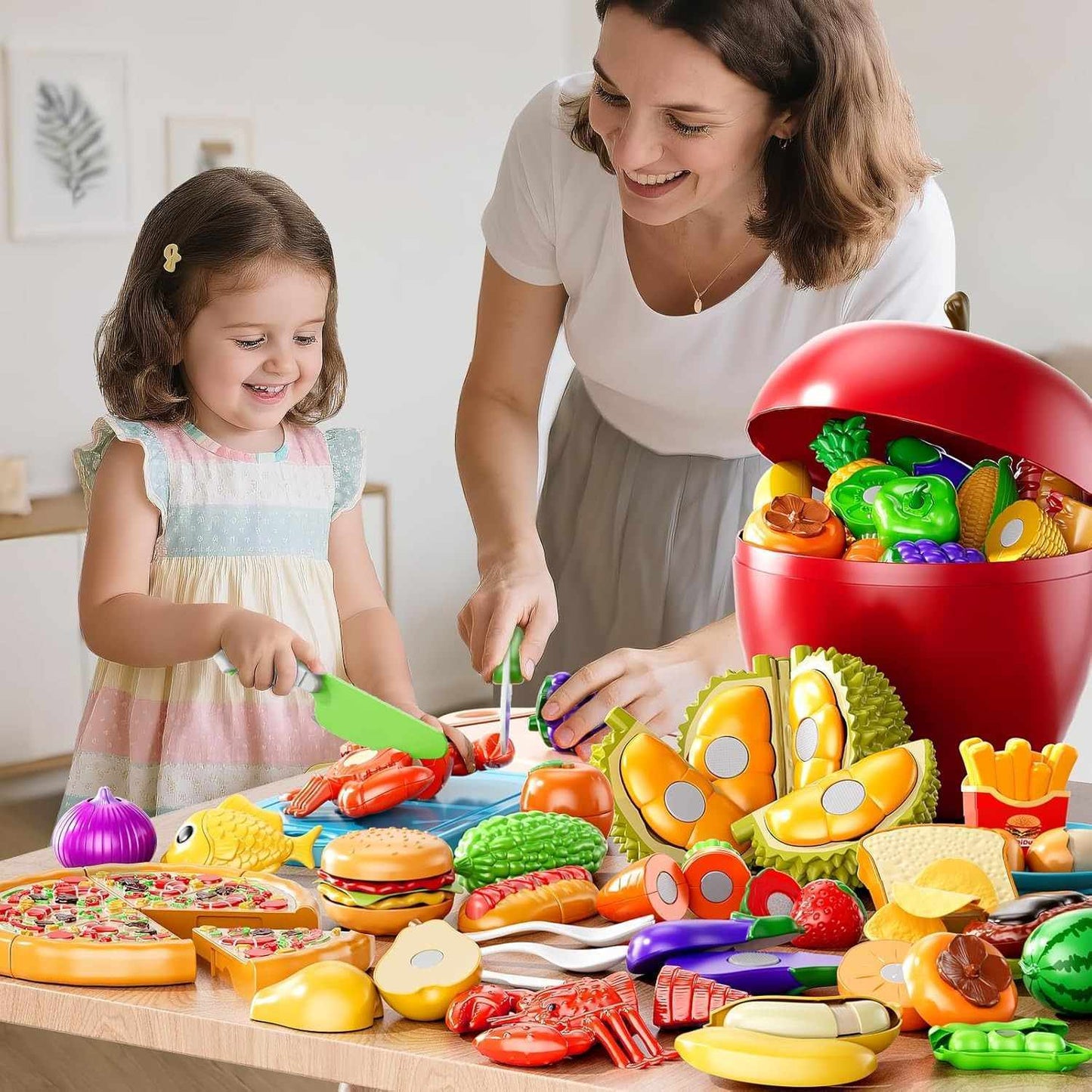 Fruit and Vegetable Cutting Toy Set with Apple-Shaped Storage Box, Easy to Carry, Safe for Ages 3+