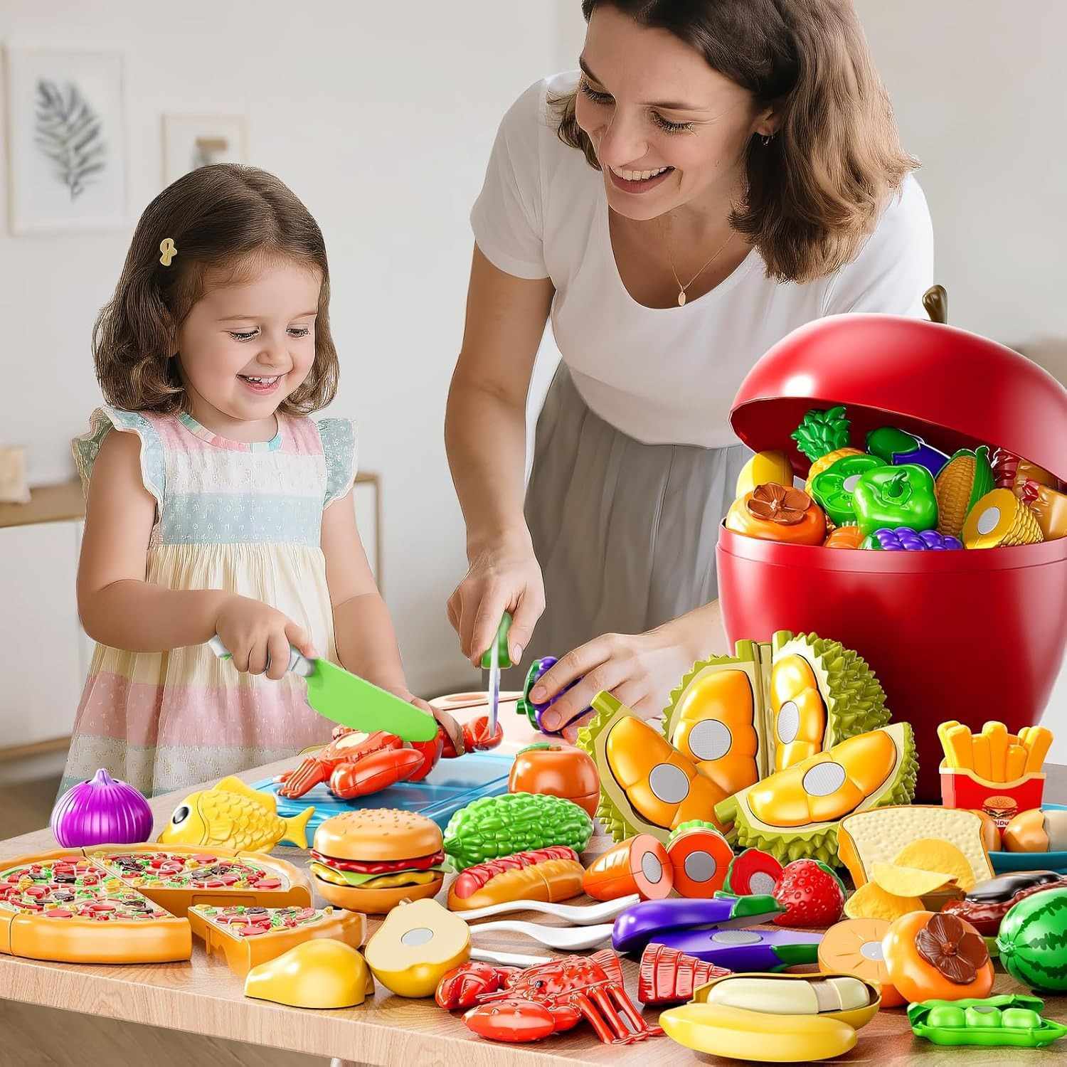 Fruit and Vegetable Cutting Toy Set with Apple-Shaped Storage Box, Easy to Carry, Safe for Ages 3+