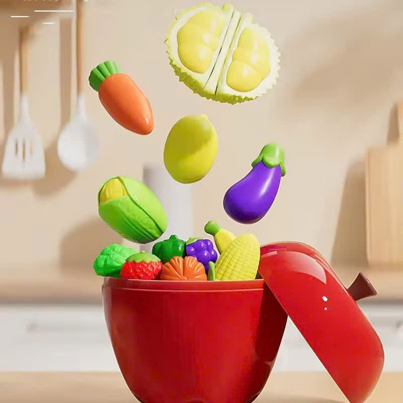 Fruit and Vegetable Cutting Toy Set with Apple-Shaped Storage Box, Easy to Carry, Safe for Ages 3+