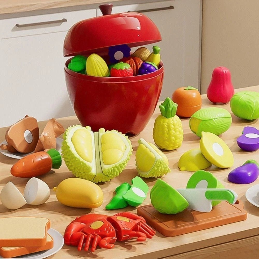 Fruit and Vegetable Cutting Toy Set with Apple-Shaped Storage Box, Easy to Carry, Safe for Ages 3+