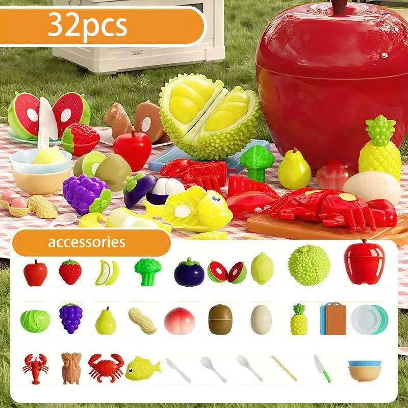 Fruit and Vegetable Cutting Toy Set with Apple-Shaped Storage Box, Easy to Carry, Safe for Ages 3+