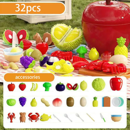 Fruit and Vegetable Cutting Toy Set with Apple-Shaped Storage Box, Easy to Carry, Safe for Ages 3+