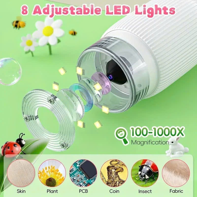 Kids Digital Microscope Handheld with 1000x Magnification, Photo & Video Capture, Safe for Ages 3+
