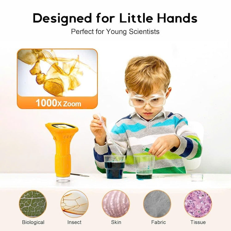 Kids Digital Microscope Handheld with 1000x Magnification, Photo & Video Capture, Safe for Ages 3+