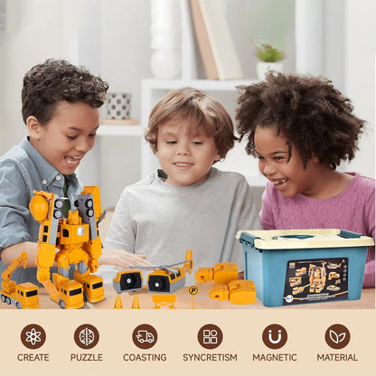 Magnetic Transforming Construction Vehicle Set, Converts into Robot, Detachable Parts, Safe for Ages 3+