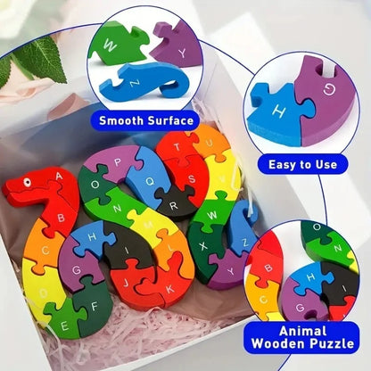 Montessori Wooden Snake Puzzle, Alphabet A–Z and Numbers 1–26 Learning Toy, Safe for Kids Ages 3+