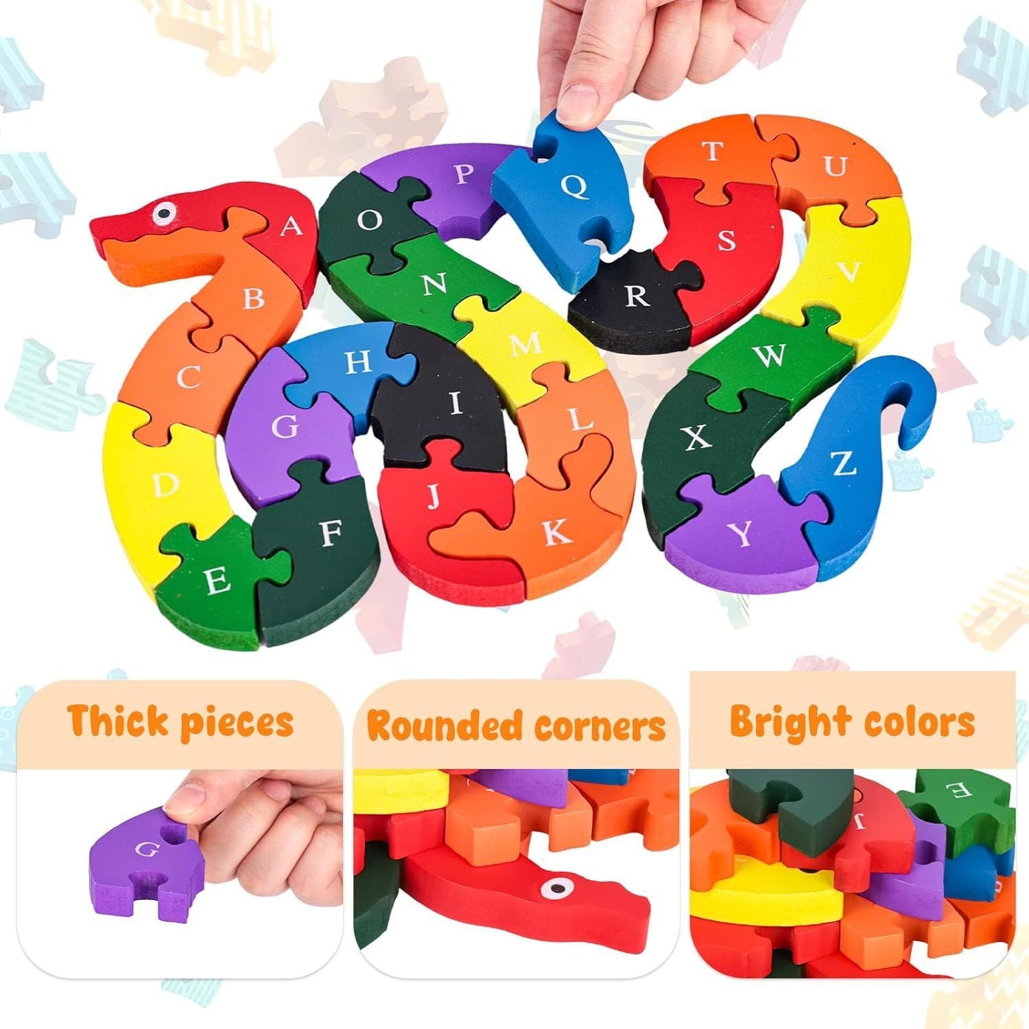 Montessori Wooden Snake Puzzle, Alphabet A–Z and Numbers 1–26 Learning Toy, Safe for Kids Ages 3+