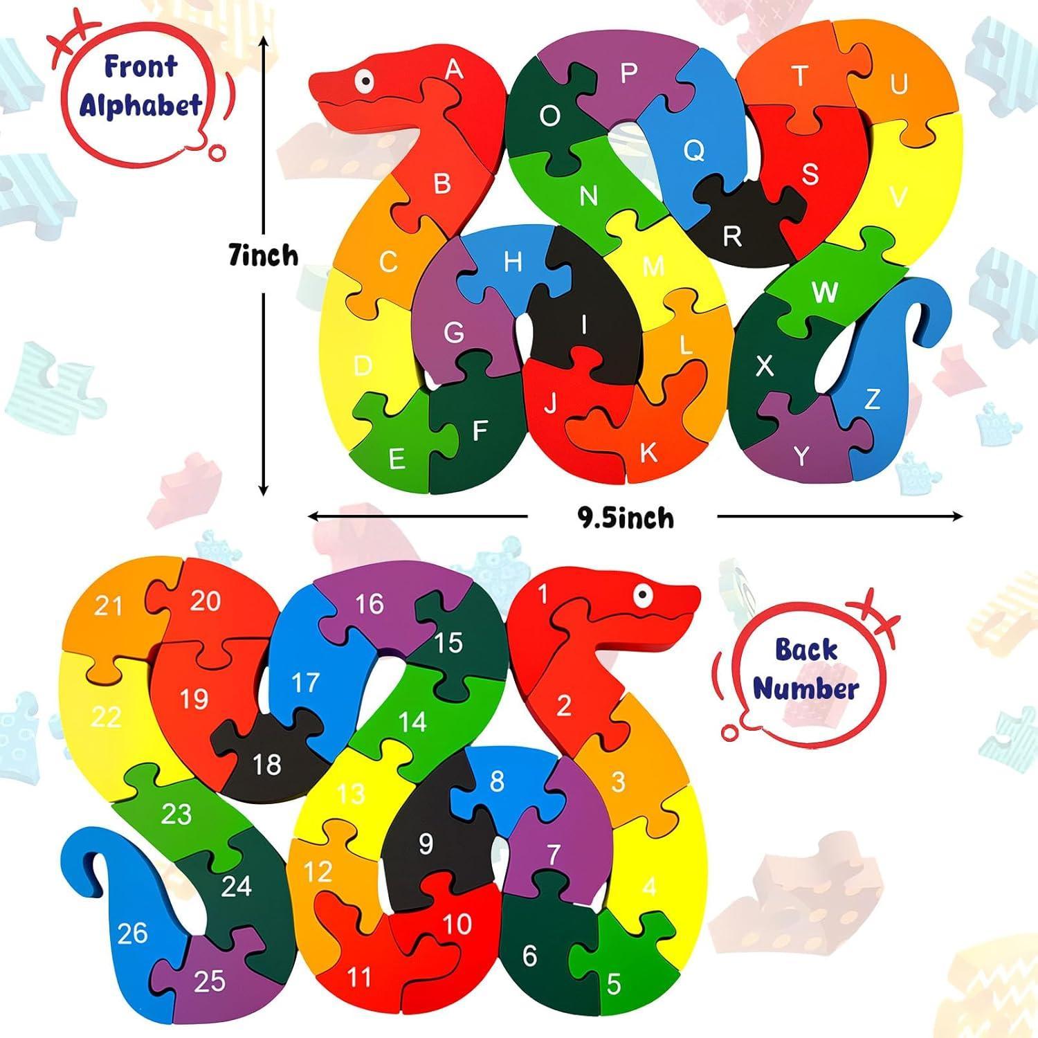 Montessori Wooden Snake Puzzle, Alphabet A–Z and Numbers 1–26 Learning Toy, Safe for Kids Ages 3+