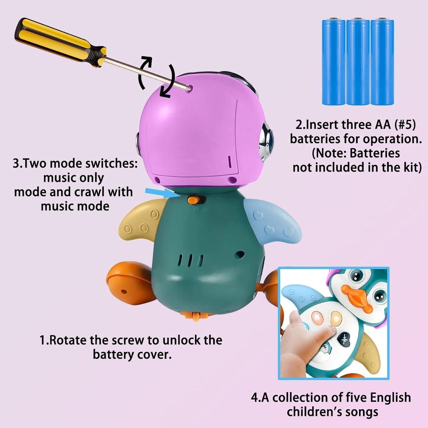 Musical Penguin Toy with Multiple Play Modes to Develop Crawling for Babies 3+ Months