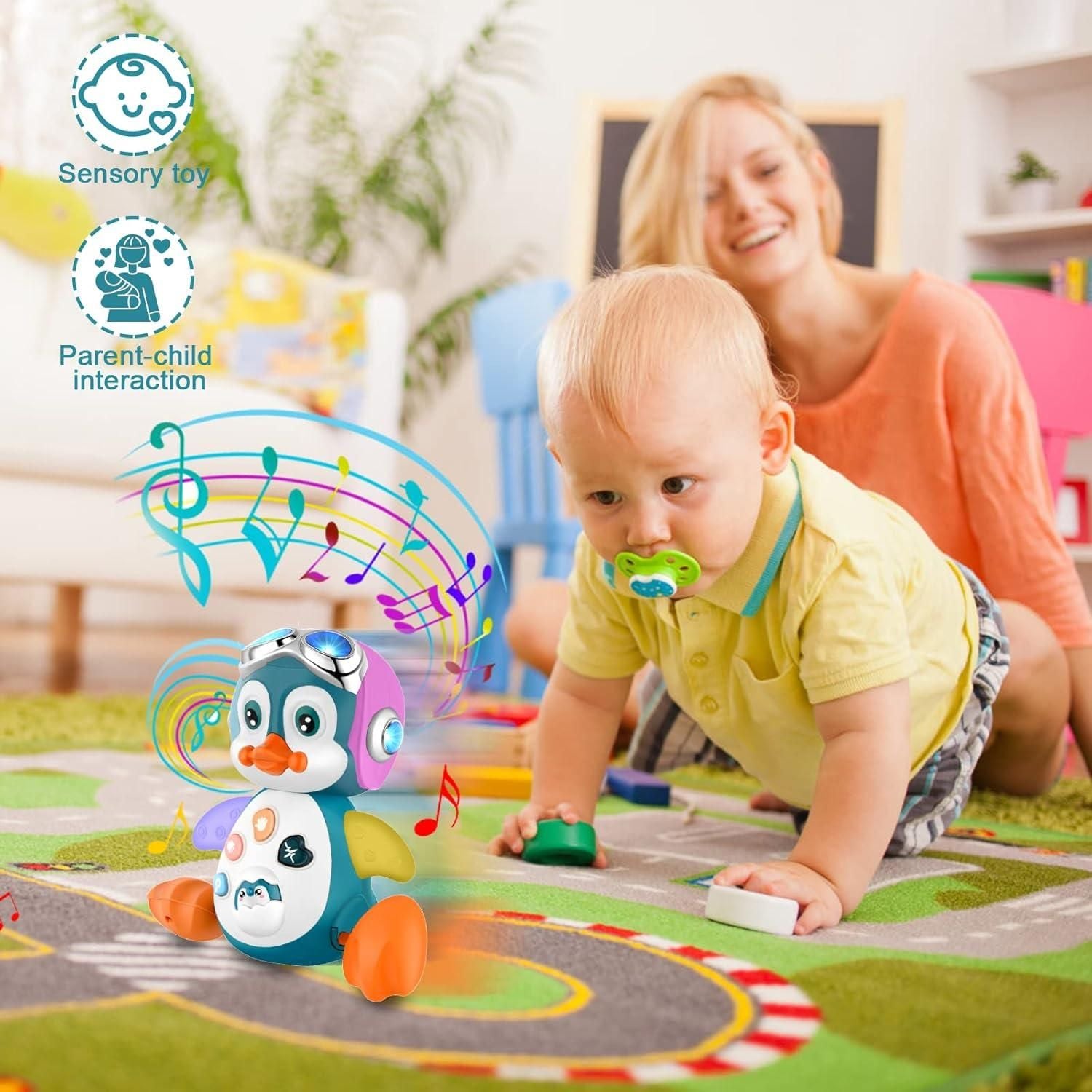 Musical Penguin Toy with Multiple Play Modes to Develop Crawling for Babies 3+ Months