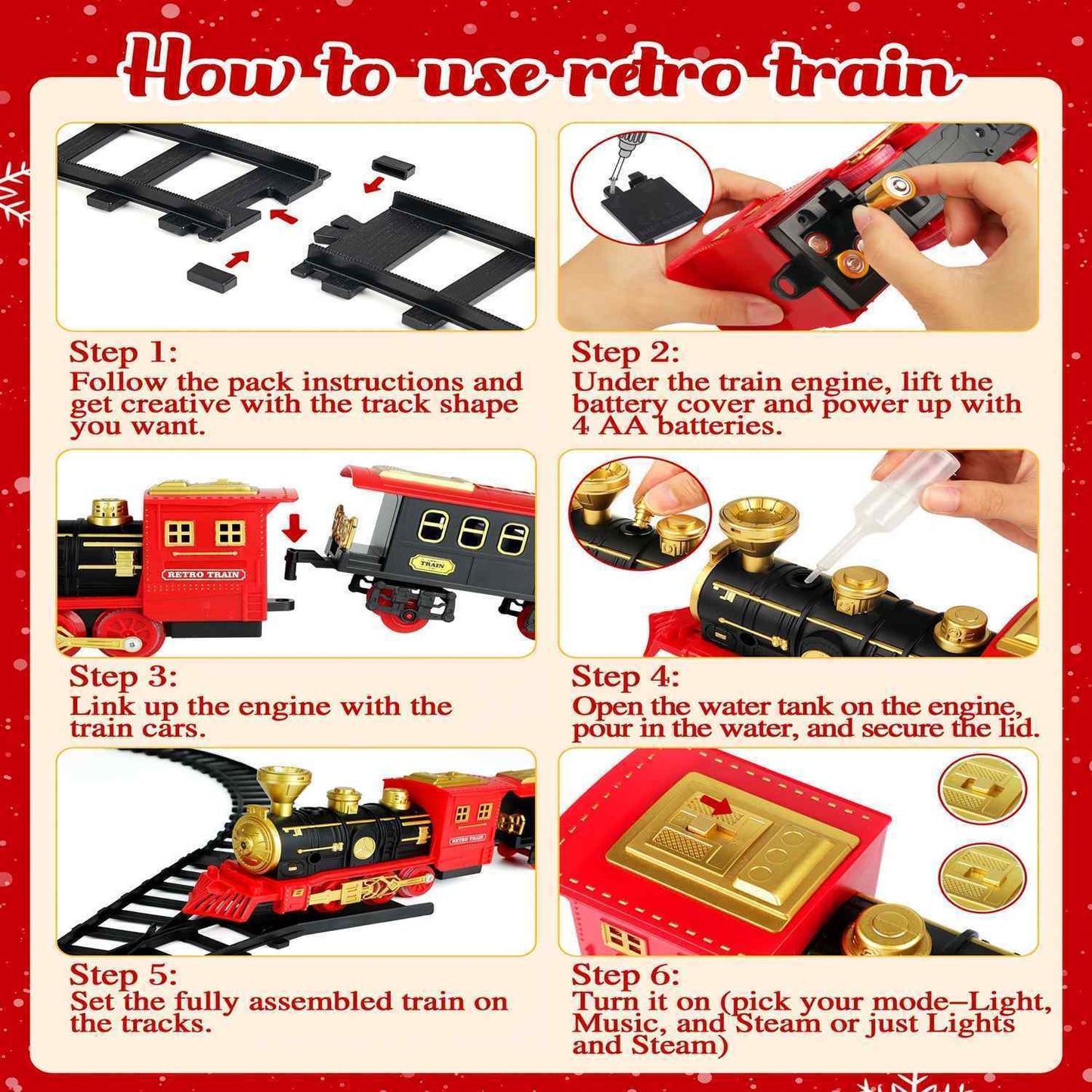 Red Christmas Tree Toy Steam Train Set with Lights Sounds Christmas Train Set Electric Train Sets for Kids Toy Christmas Under Tree Decoration