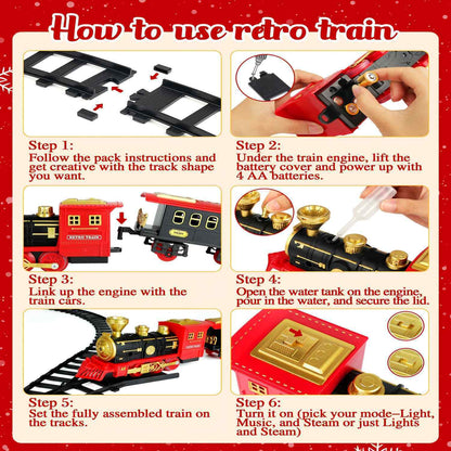 Red Christmas Tree Toy Steam Train Set with Lights Sounds Christmas Train Set Electric Train Sets for Kids Toy Christmas Under Tree Decoration