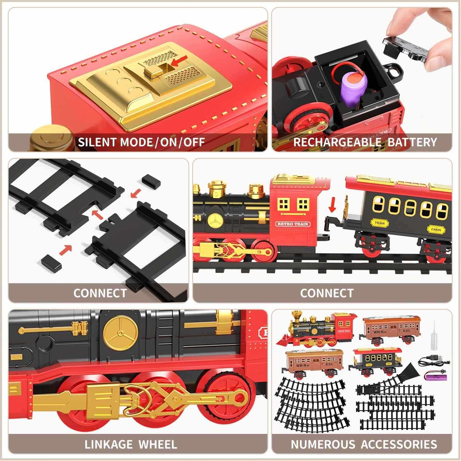 Red Christmas Tree Toy Steam Train Set with Lights Sounds Christmas Train Set Electric Train Sets for Kids Toy Christmas Under Tree Decoration